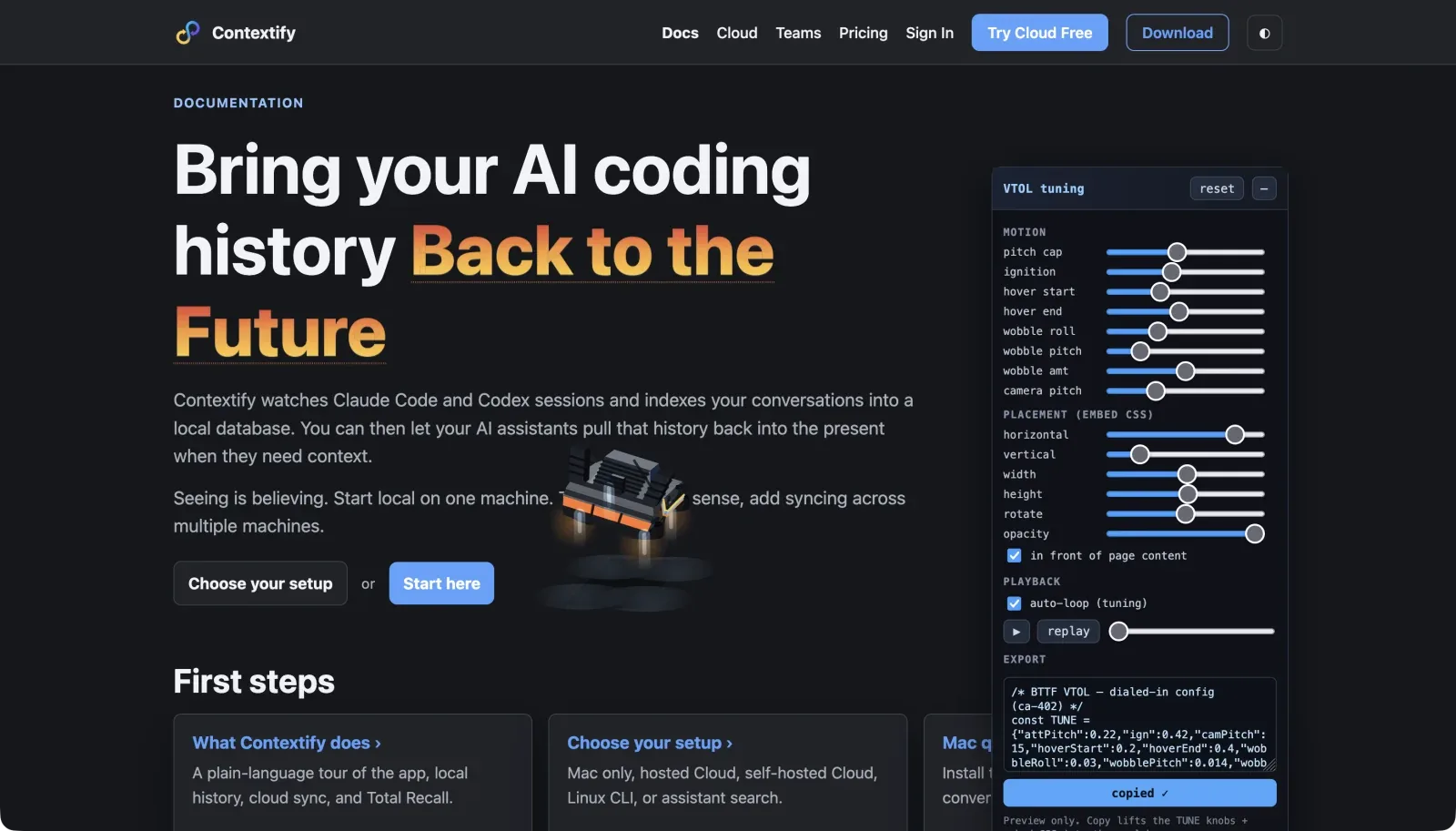 The Contextify documentation page with a hovering low-poly time machine and a VTOL tuning panel.