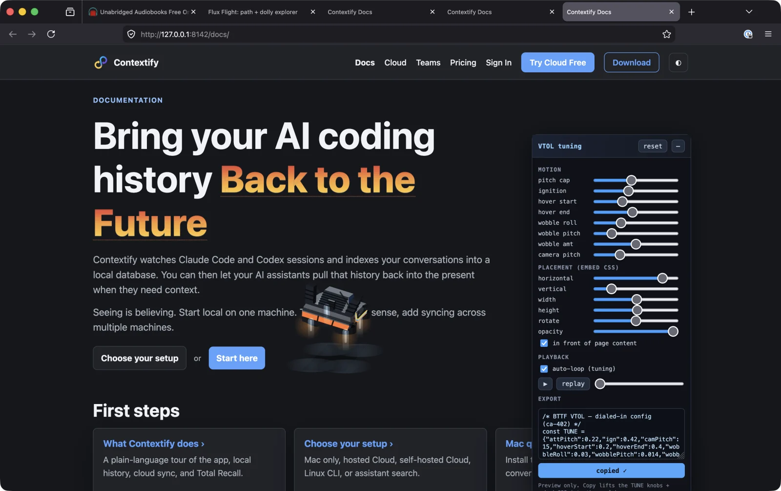 The Contextify documentation page with a hovering low-poly time machine and a VTOL tuning panel.