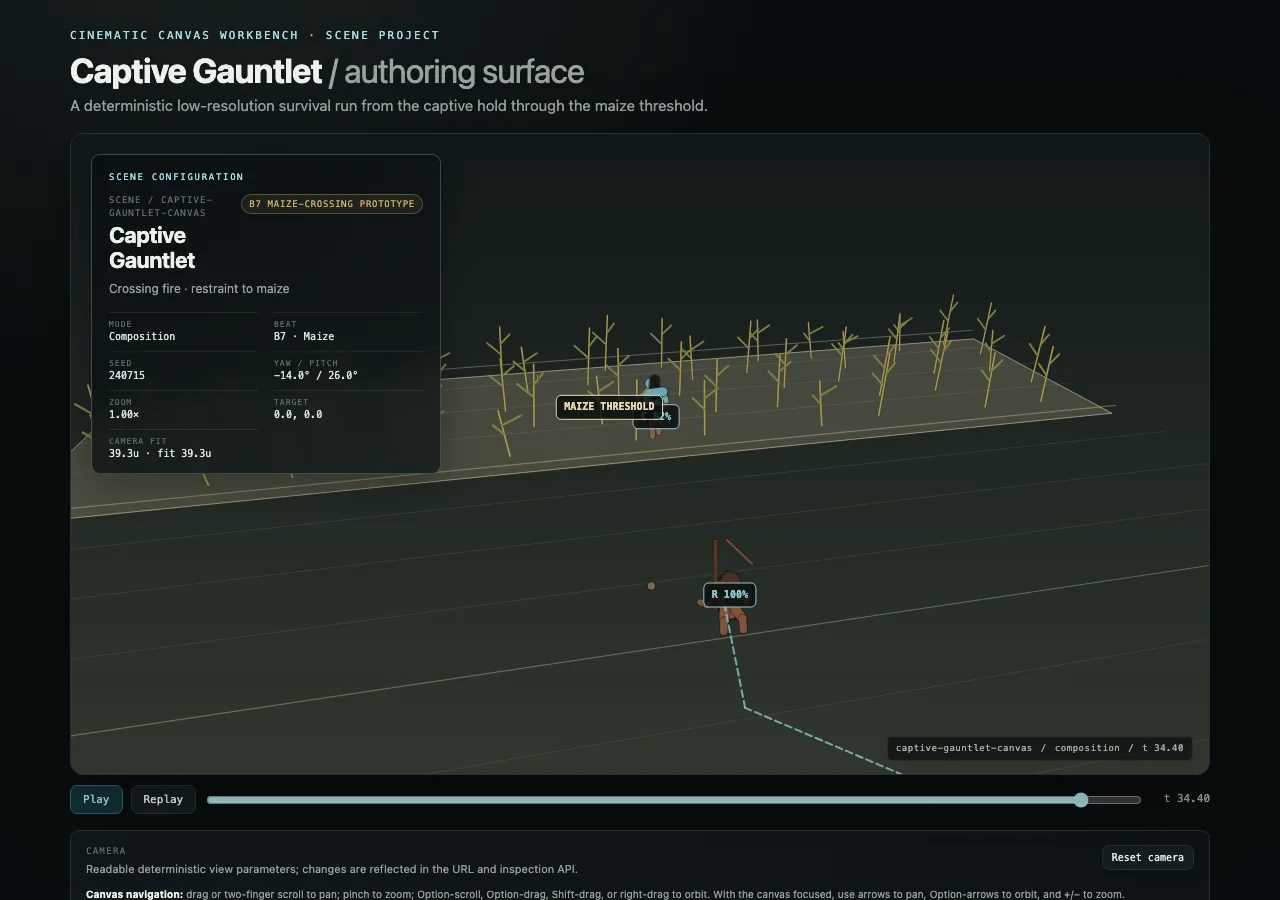 The wounded central runner crossing into the maize at the end of the gauntlet scene.